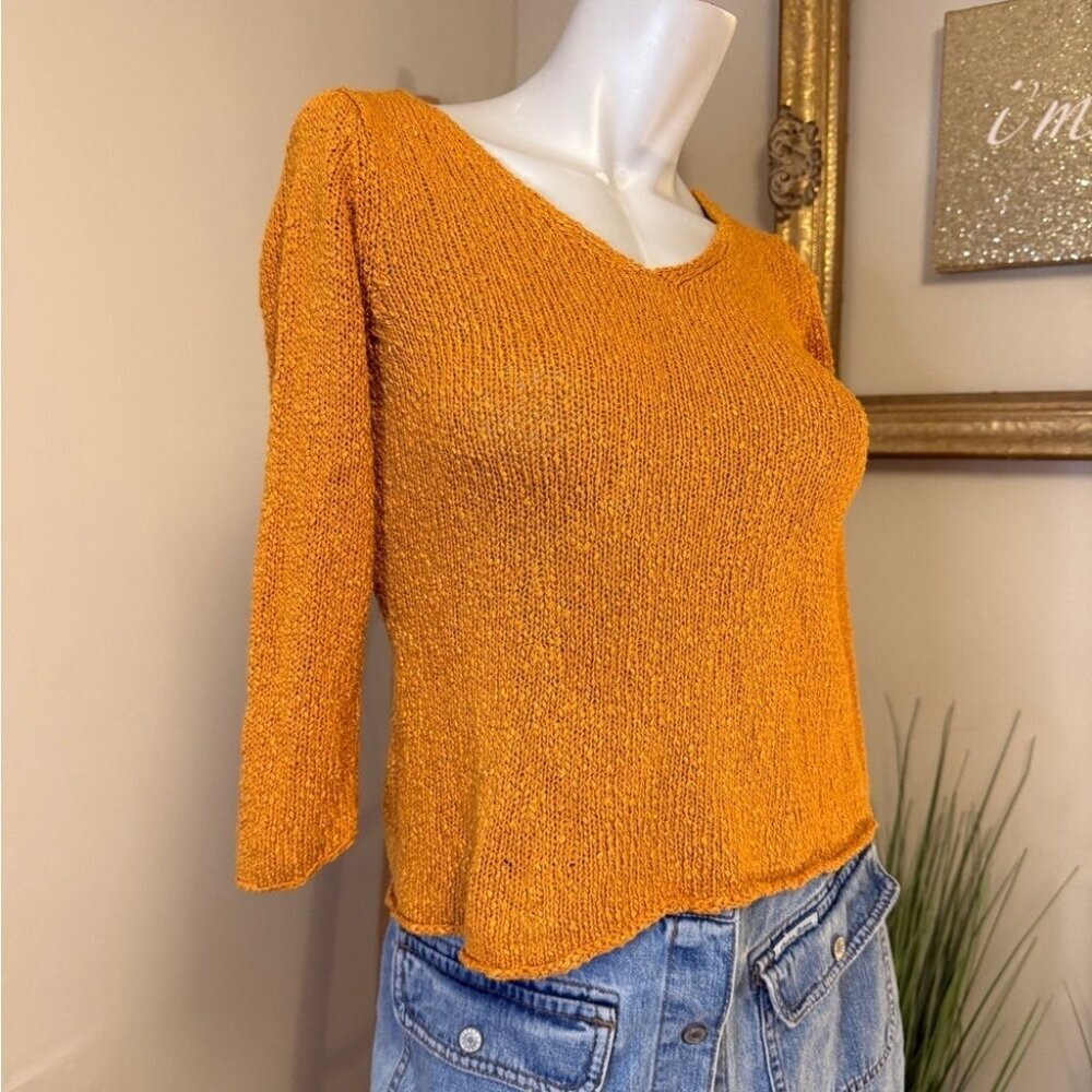 Eileen Fisher Womens XS Marled Orange Sweater 3/4 Sleeves & V-Neckline Linen Ble - Picture 3 of 7